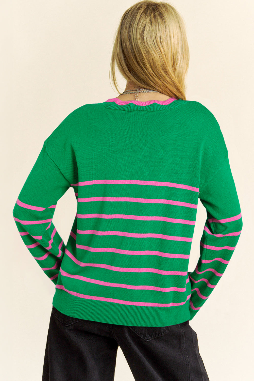 Green Stripe Ribbon Cute Bow Detail Sweater Knit Cardigan Cardigans JT's Designer Fashion