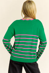Green Stripe Ribbon Cute Bow Detail Sweater Knit Cardigan Cardigans JT's Designer Fashion