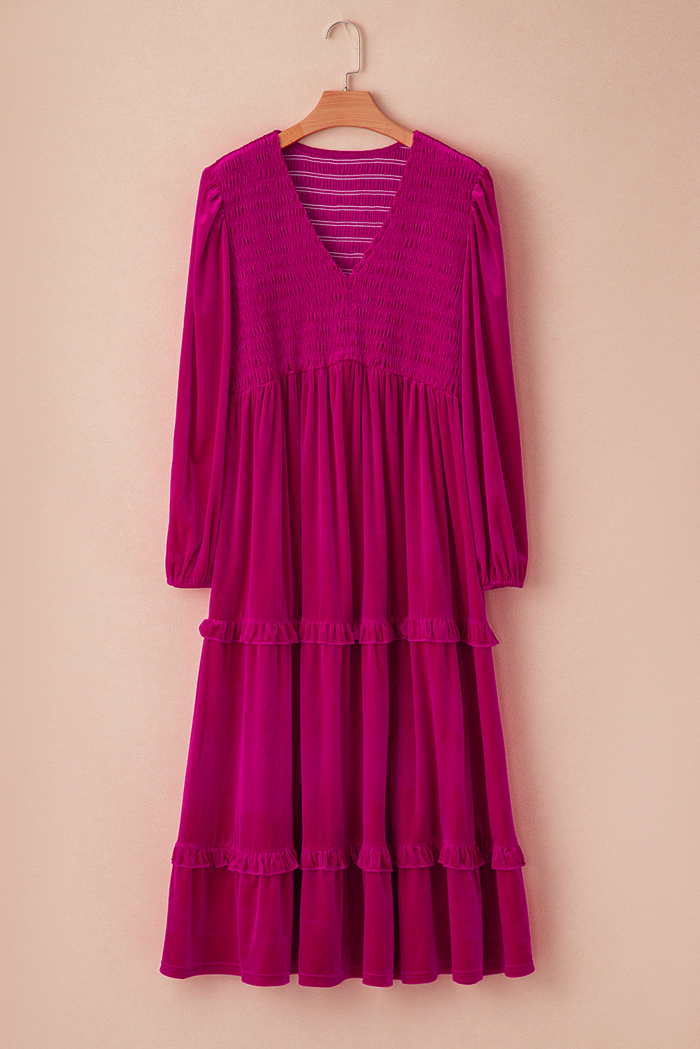 Rose Red Shirred V Neck Tiered Ruffled Velvet Plus Size Maxi Dress Plus Size Dresses JT's Designer Fashion