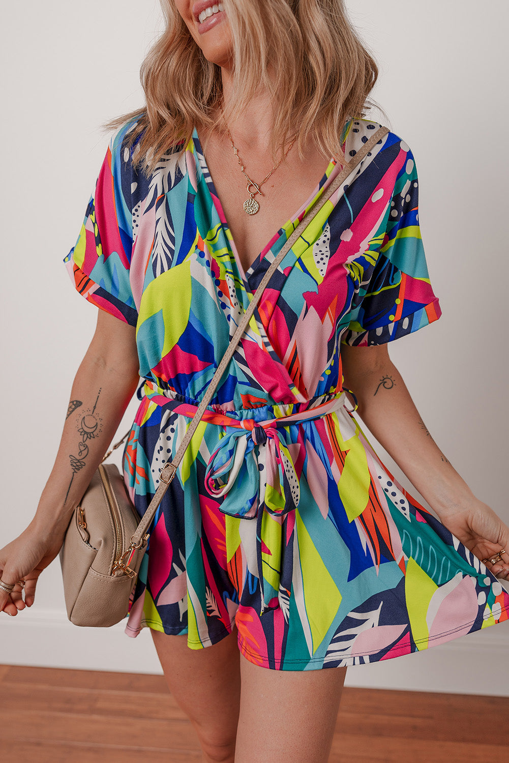 Multicolour Tropical Printed Surplice Neck Tie Waist Romper Jumpsuits & Rompers JT's Designer Fashion