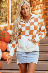 Gold Flame Checkered Split Neck Contrast Kangaroo Pocket Hooded Sweater Gold Flame 50%Viscose+28%Polyester+22%Polyamide Sweaters JT's Designer Fashion