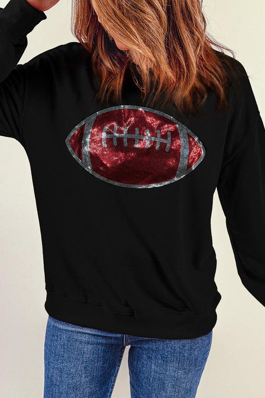 Black Rhinestone Rugby Football Pattern Crew Neck Pullover Sweatshirt Graphic Sweatshirts JT's Designer Fashion