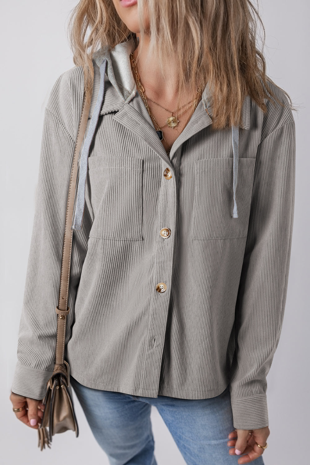 Light Grey Hooded Drawstring Pockets Corduroy Shacket Light Grey 100%Polyester Jackets JT's Designer Fashion