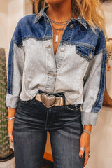 Dusk Blue Color Block Patchwork Flap Detail Distress Denim Jacket Dusk Blue 75%Cotton+25%Polyester Denim Jackets JT's Designer Fashion