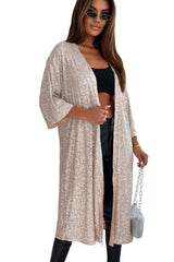 Apricot Sequin 3/4 Sleeve Open Front Duster Kimono Kimonos JT's Designer Fashion