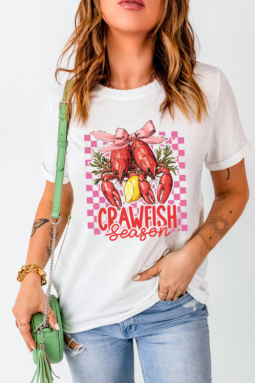White Checkerboard Bow Crawfish Season Printed Crewneck T Shirt Graphic Tees JT's Designer Fashion