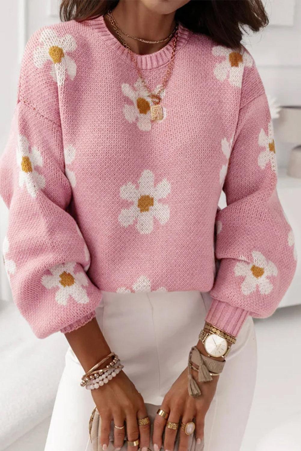 Pink Floral Pattern Drop Shoulder Sweater Sweaters JT's Designer Fashion