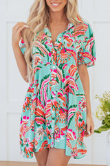Green Abstract Print Lace-up High Waist Buttoned Mini Dress Mini Dresses JT's Designer Fashion