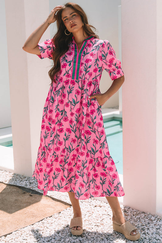 Pink Floral Contrast Neckline A-line Puff Sleeve Long Dress Pink 100%Polyester Maxi Dresses JT's Designer Fashion