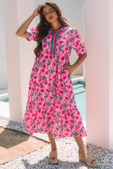 Pink Floral Contrast Neckline A-line Puff Sleeve Long Dress Pink 100%Polyester Maxi Dresses JT's Designer Fashion