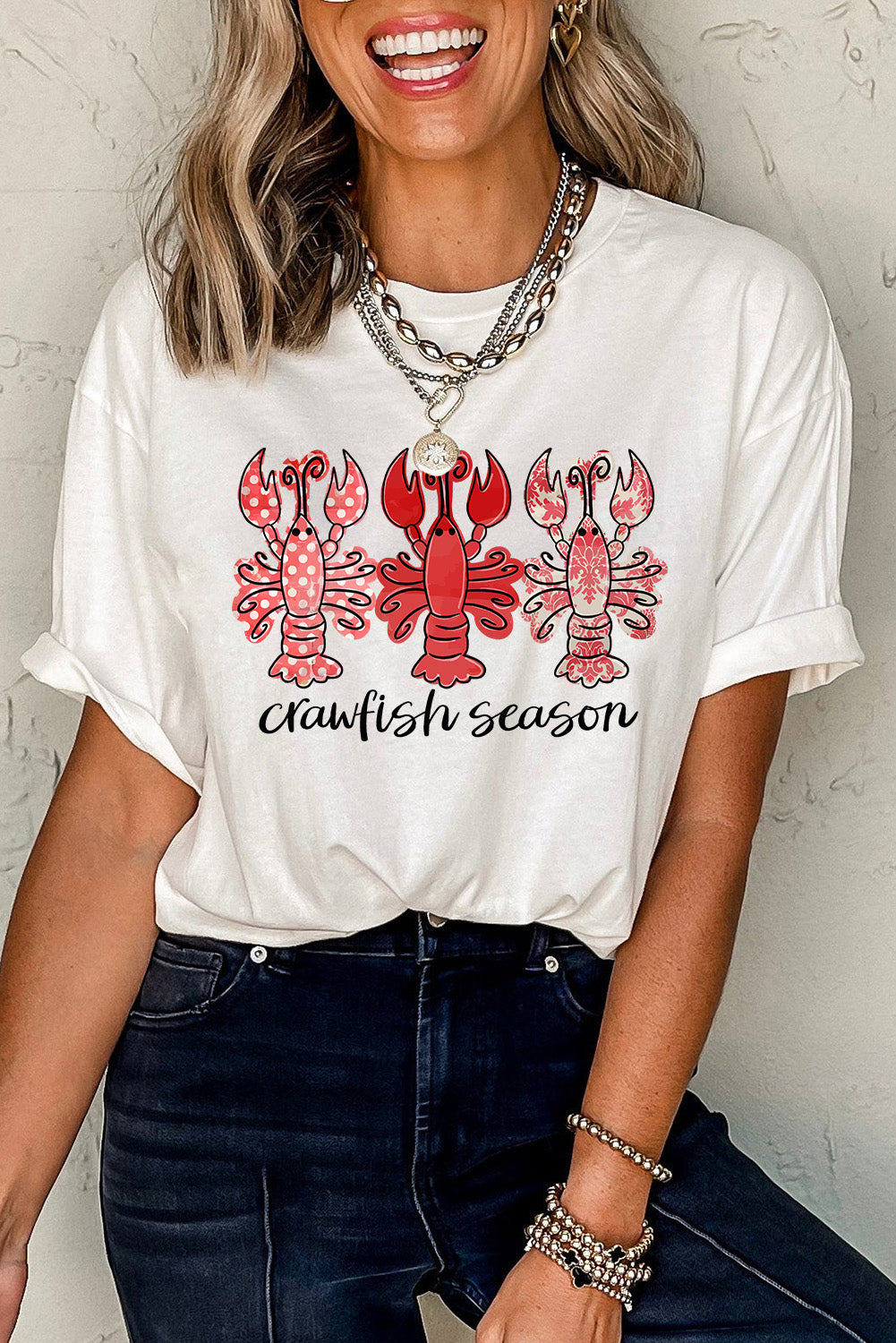 White Crawfish Season Fashion Graphic Crewneck T Shirt Graphic Tees JT's Designer Fashion