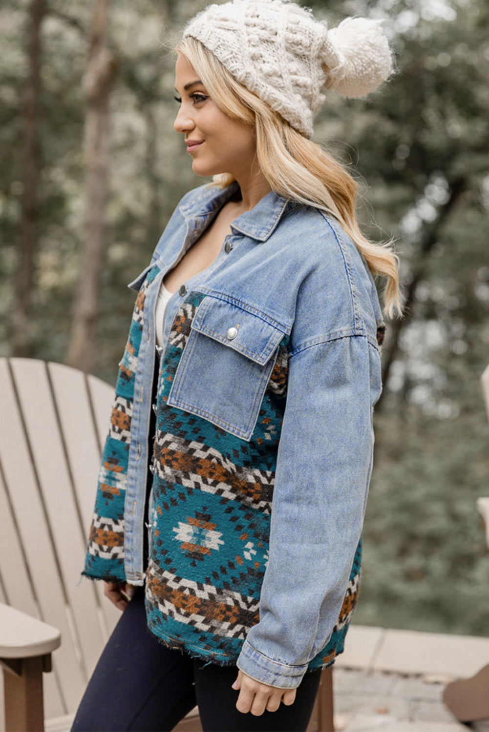 Blue Aztec Printed Denim Jacket Denim Jackets JT's Designer Fashion