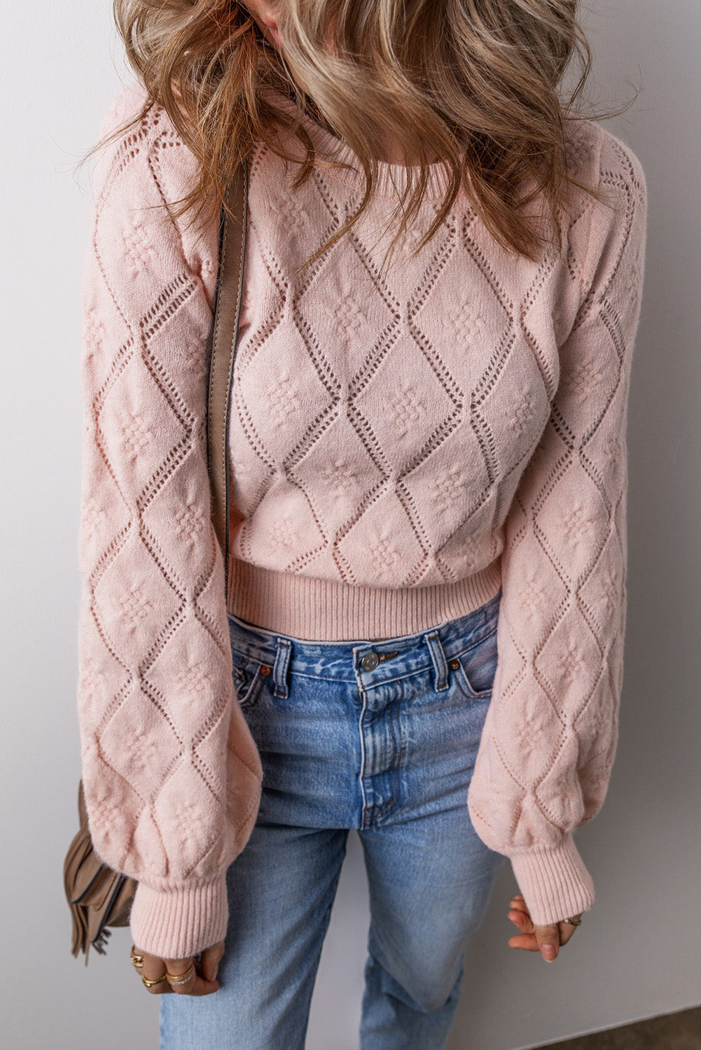 Gossamer Pink Openwork Plaid Puff Sleeve Cropped Sweater Gossamer Pink 65%Acrylic+35%Polyamide Sweaters JT's Designer Fashion