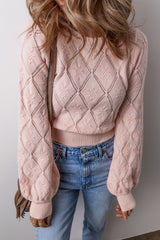 Gossamer Pink Openwork Plaid Puff Sleeve Cropped Sweater Gossamer Pink 65%Acrylic+35%Polyamide Sweaters JT's Designer Fashion