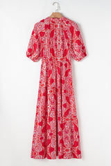 Red Paisley Print Side Slit Puff Sleeve High Waist Long Dress Maxi Dresses JT's Designer Fashion