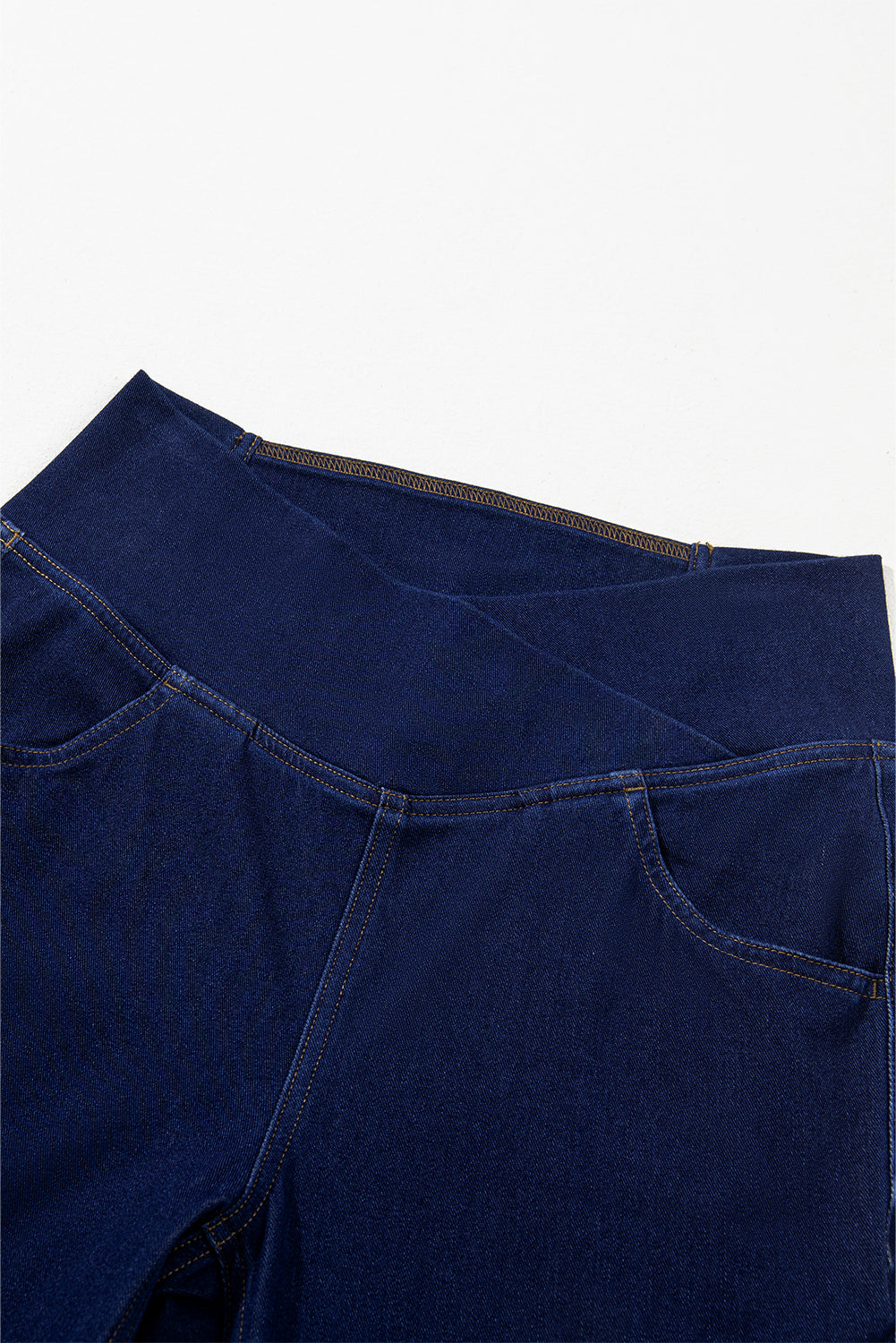 Dusk Blue Solid Crossed Waist High Elastic Fit Flare Knit Jeans Jeans JT's Designer Fashion