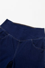 Dusk Blue Solid Crossed Waist High Elastic Fit Flare Knit Jeans Jeans JT's Designer Fashion