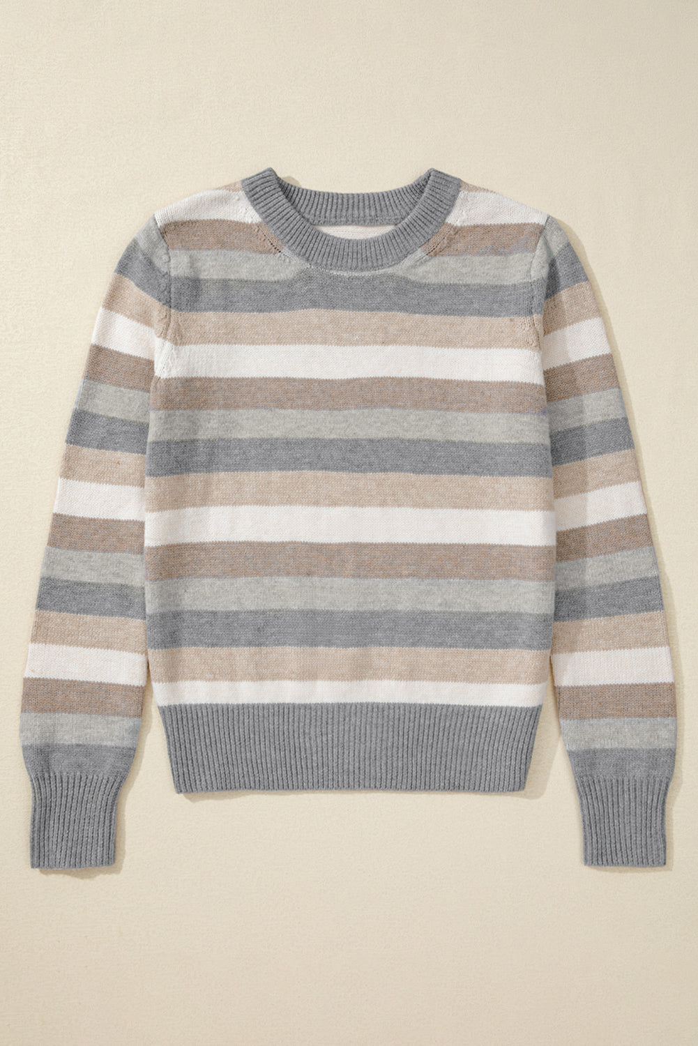 Gray Stripe Color Block Ribbed Edge Round Neck Sweater Sweaters JT's Designer Fashion