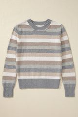 Gray Stripe Color Block Ribbed Edge Round Neck Sweater Sweaters JT's Designer Fashion
