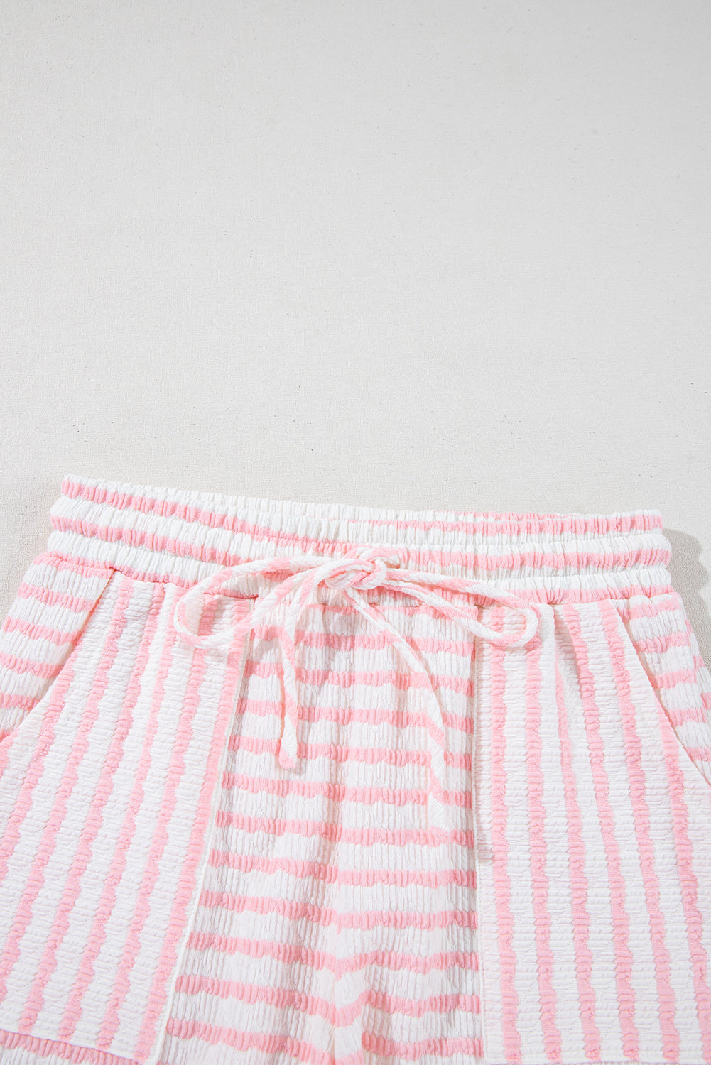 Pink Stripe Knitted Short Sleeve Top and Drawstring Shorts Set Short Sets JT's Designer Fashion