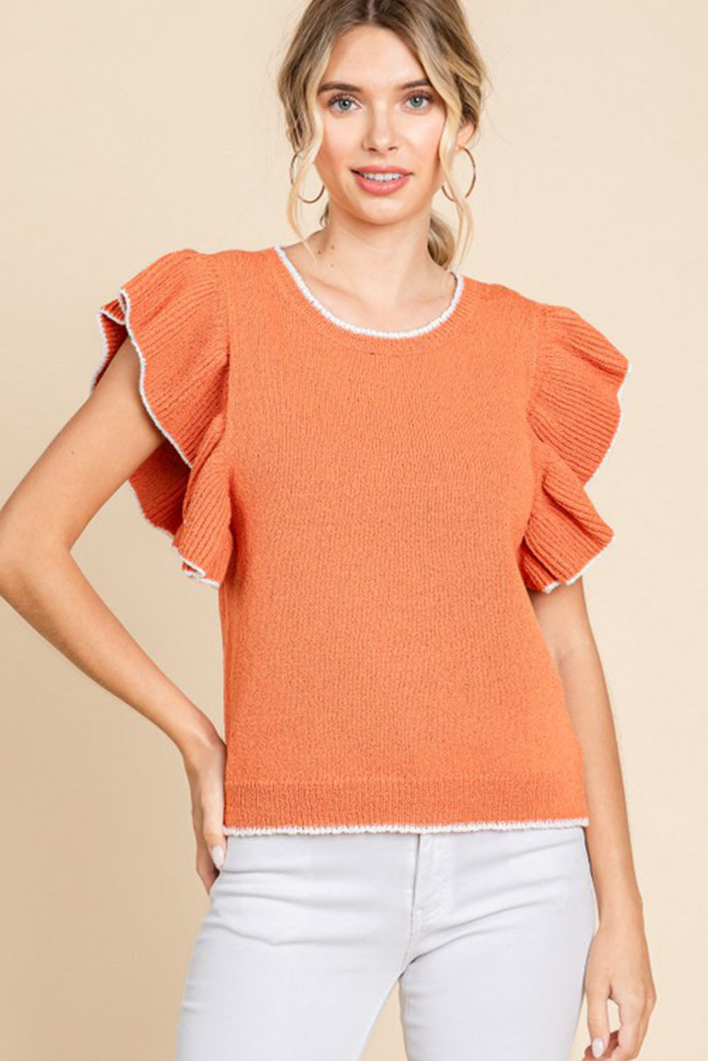 Russet Orange Contrast Trim Ruffle Sleeve Knitted Top Sweaters & Cardigans JT's Designer Fashion
