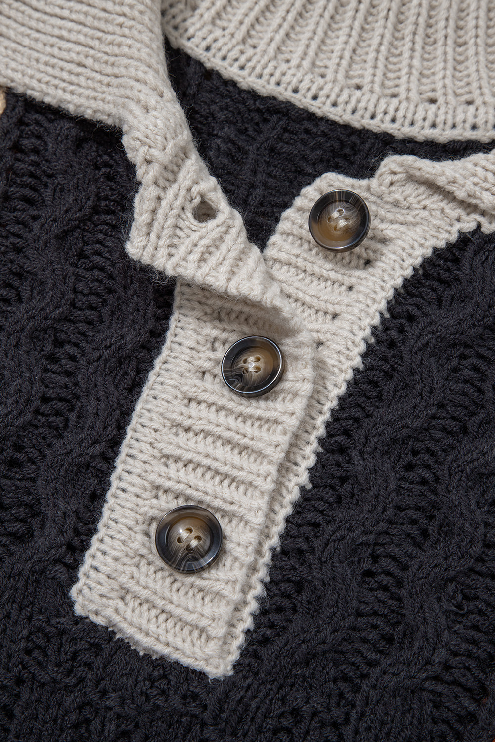 Multicolour Color Block Cable Knit Sleeve Buttons Collared Sweater Sweaters JT's Designer Fashion
