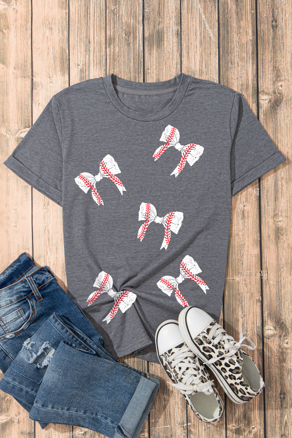 Gray Rugby Bow Knot Print Crewneck Casual T Shirt Graphic Tees JT's Designer Fashion