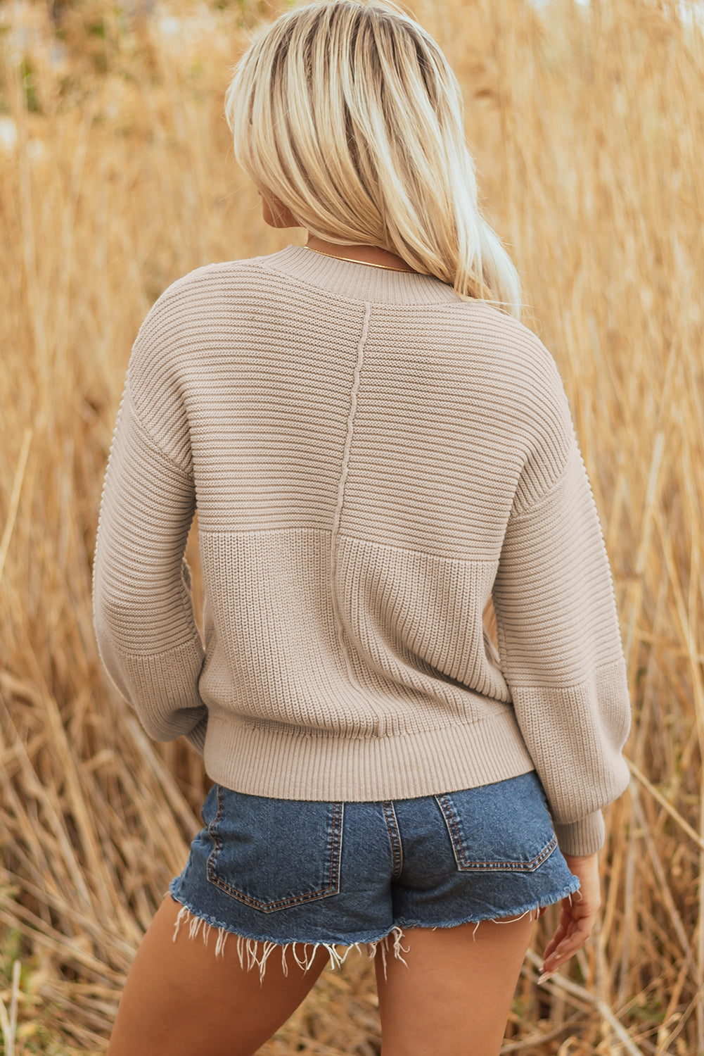 Parchment Mixed Texture Patchwork Knitted Puff Sleeve Sweater Sweaters JT's Designer Fashion