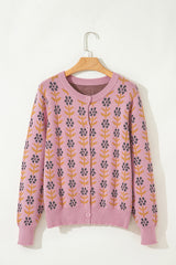 Pink Floral Button Down Ribbed Banded Cardigan Sweater Cardigans JT's Designer Fashion