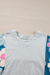 Green Flower Patchwork Exposed Seam Oversized High Low Top Long Sleeve Tops JT's Designer Fashion