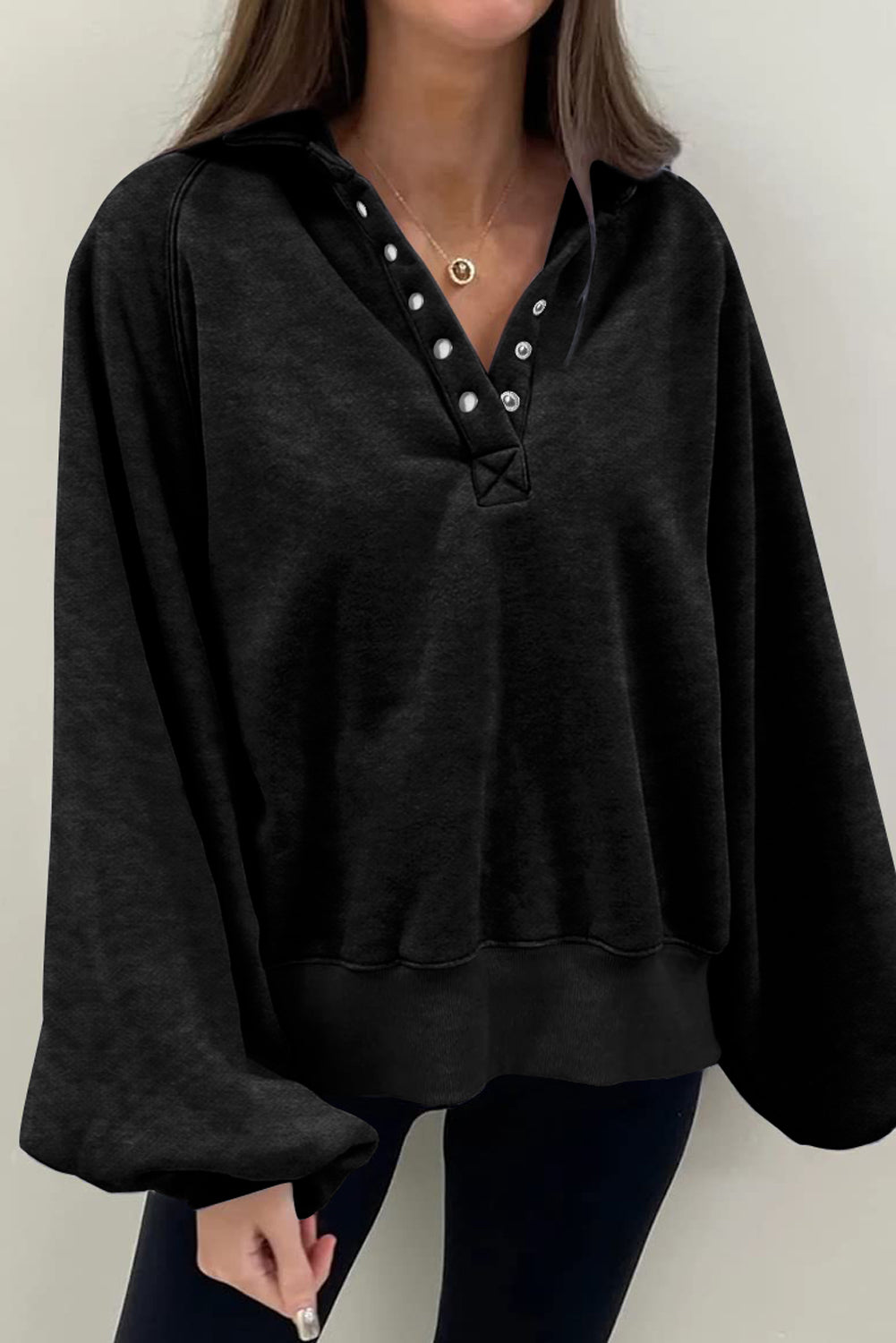 Black Solid Snap Buttons Collared Balloon Sleeve Oversized Sweatshirt Sweatshirts & Hoodies JT's Designer Fashion