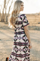 Beige Western Aztec Printed Long T-shirt Dress T Shirt Dresses JT's Designer Fashion
