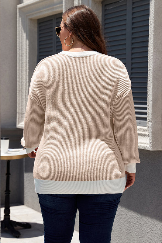 Brown Stripe Plus Size Contrast Trim Crew Neck Rib Knit Drop Shoulder Sweater Plus Size Sweaters & Cardigans JT's Designer Fashion