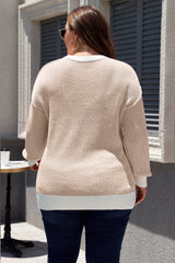 Brown Stripe Plus Size Contrast Trim Crew Neck Rib Knit Drop Shoulder Sweater Plus Size Sweaters & Cardigans JT's Designer Fashion
