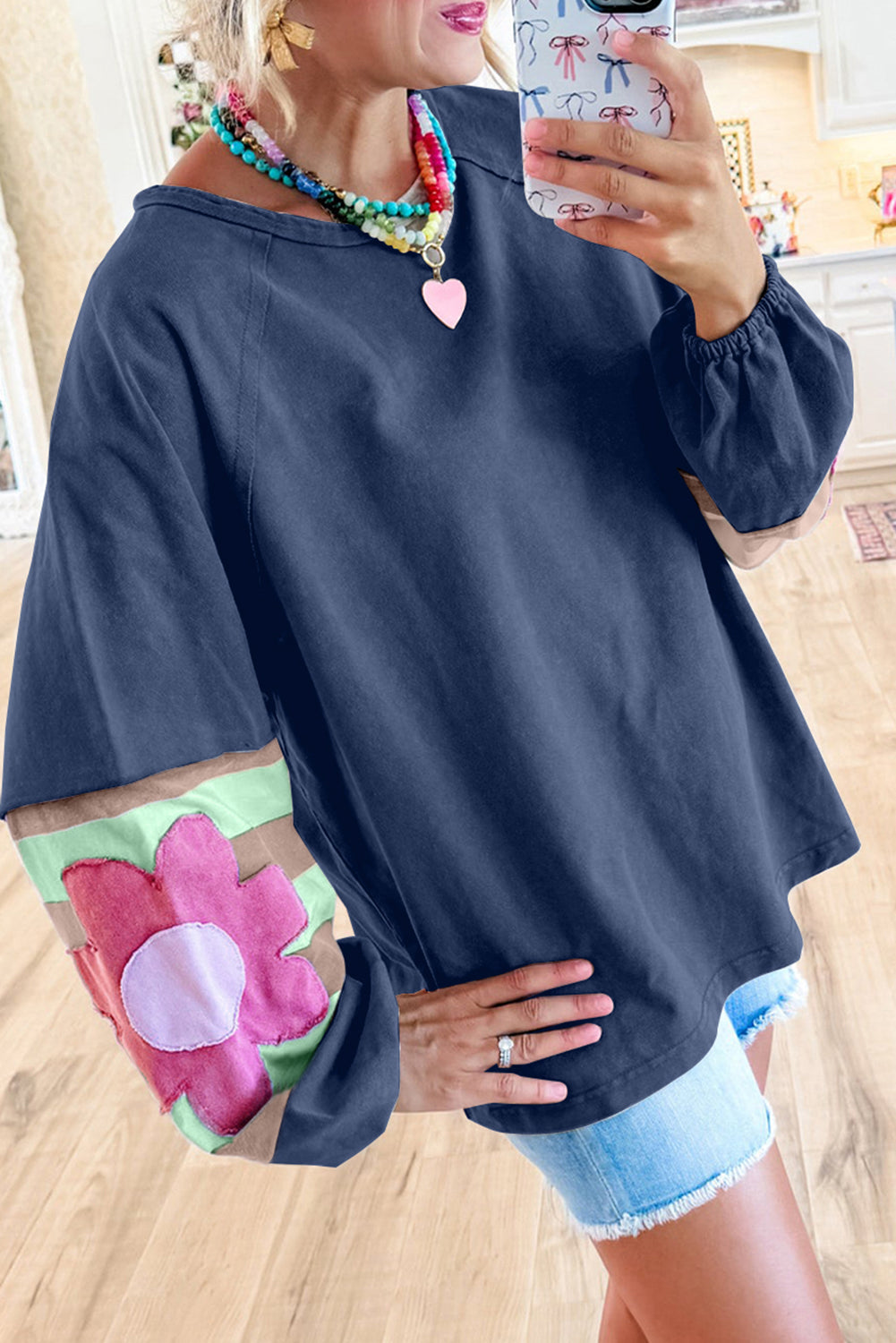 Sail Blue Flower Patchwork Raglan Sleeve Exposed Seam Oversized Top Long Sleeve Tops JT's Designer Fashion