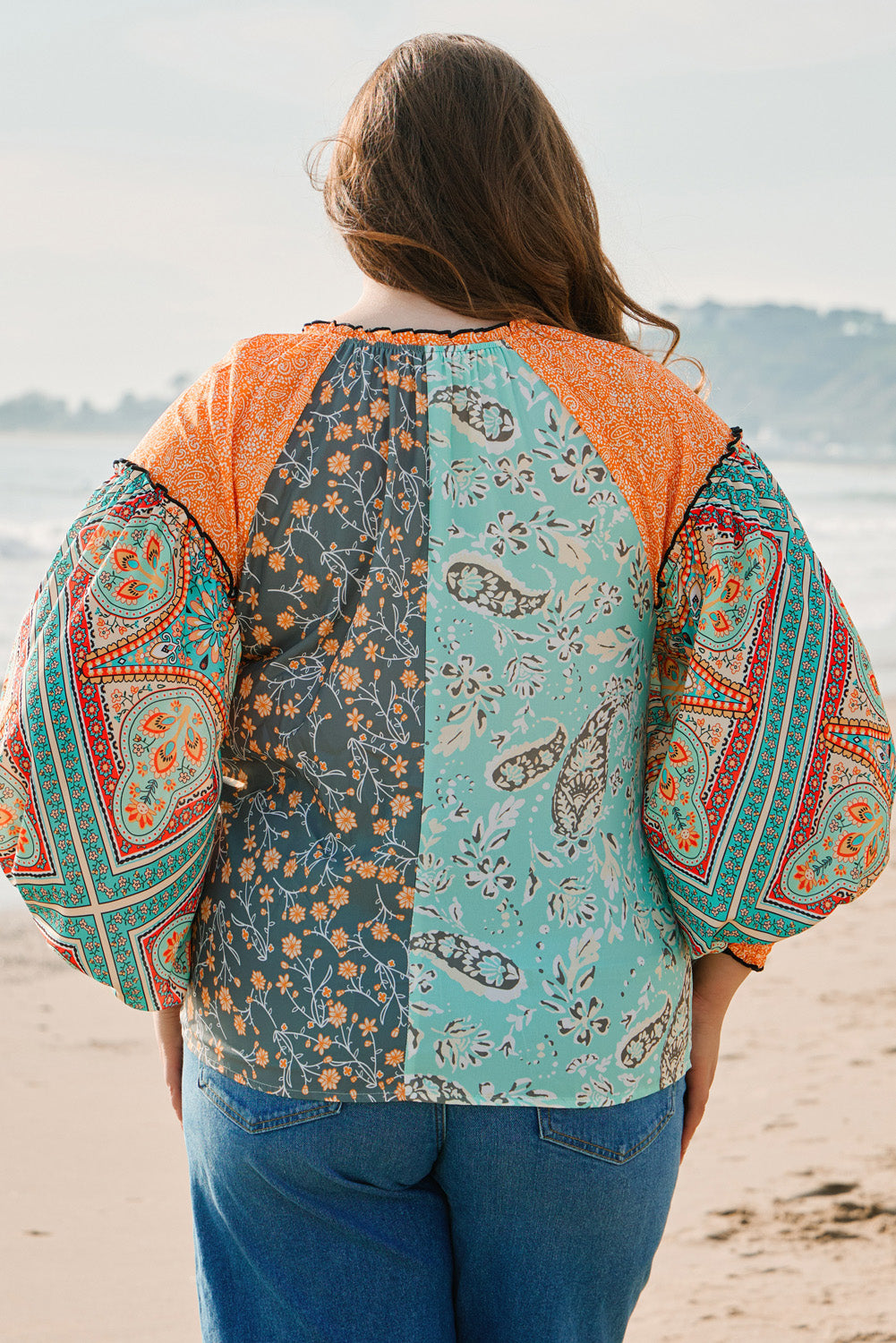 Green Floral Patchwork Lantern Sleeve Buttoned V Neck Plus Size Blouse Plus Size Blouses & Shirts JT's Designer Fashion