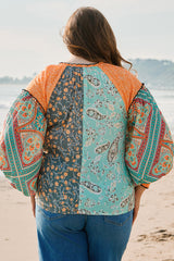 Green Floral Patchwork Lantern Sleeve Buttoned V Neck Plus Size Blouse Plus Size Blouses & Shirts JT's Designer Fashion