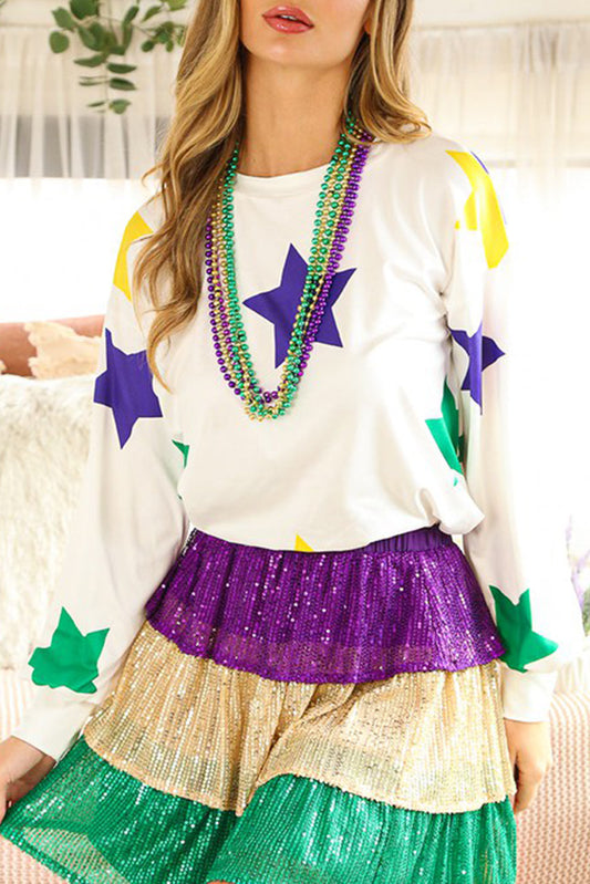 White Mardi Gras Star Printed Long Sleeve Top Long Sleeve Tops JT's Designer Fashion