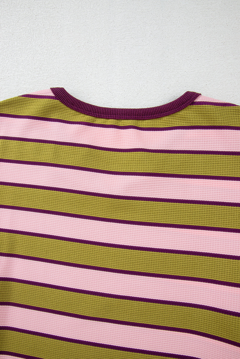 Spinach Green Clashing Stripes Waffle Texture Notched Neck Long Sleeve Top Long Sleeve Tops JT's Designer Fashion