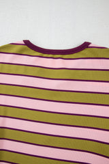 Spinach Green Clashing Stripes Waffle Texture Notched Neck Long Sleeve Top Long Sleeve Tops JT's Designer Fashion