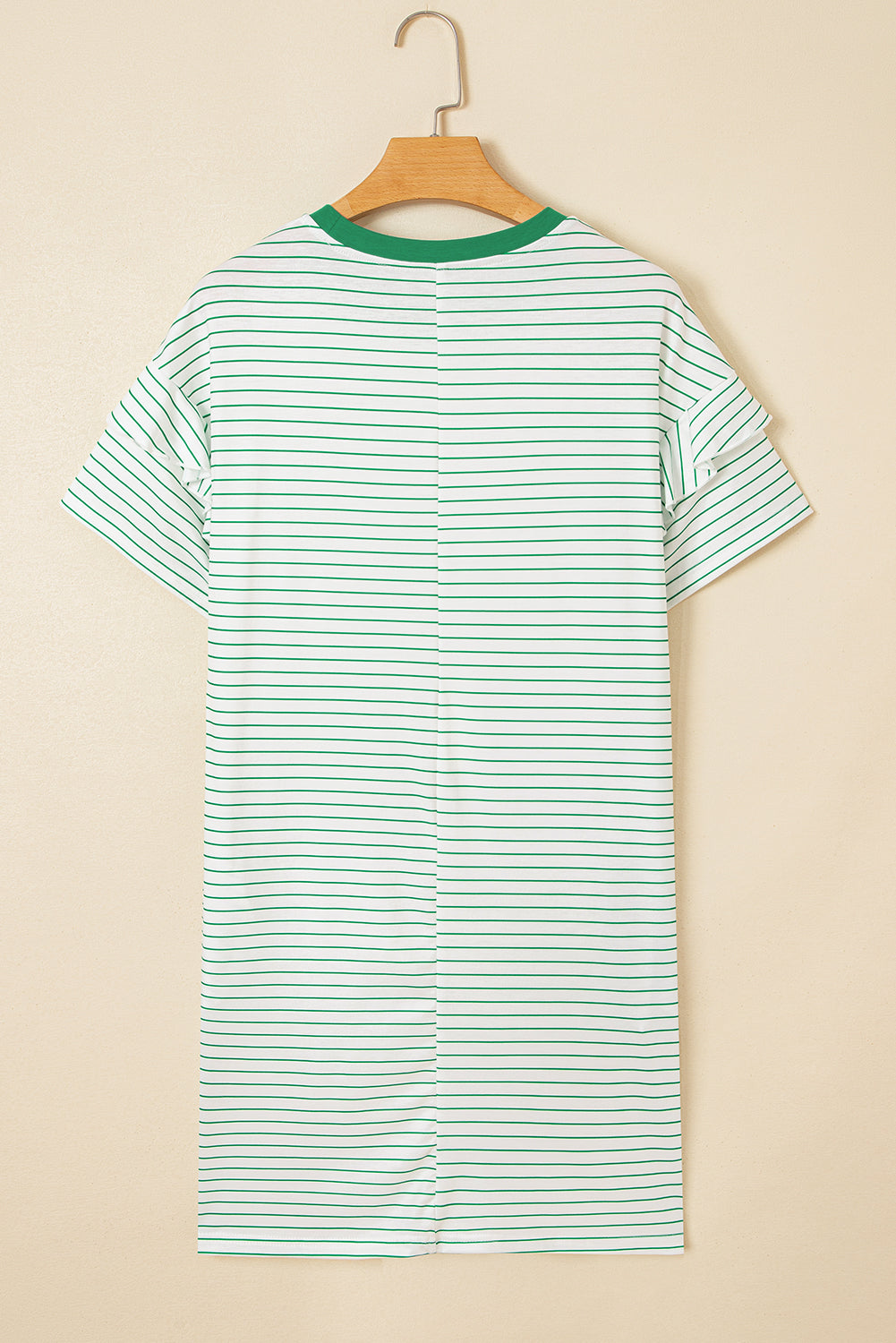 Green Stripe Ruffled Short Sleeve Crew Neck T Shirt Shift Mini Dress T Shirt Dresses JT's Designer Fashion