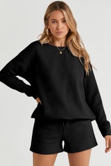 Black Textured Long Sleeve Top and Drawstring Shorts Set Short Sets JT's Designer Fashion