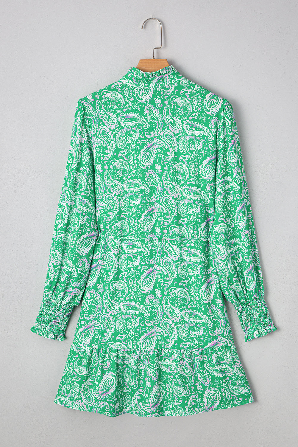 Green Paisley Print Long Sleeve Button Front Tied Waist Mini Dress Mini Dresses JT's Designer Fashion