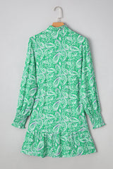 Green Paisley Print Long Sleeve Button Front Tied Waist Mini Dress Mini Dresses JT's Designer Fashion