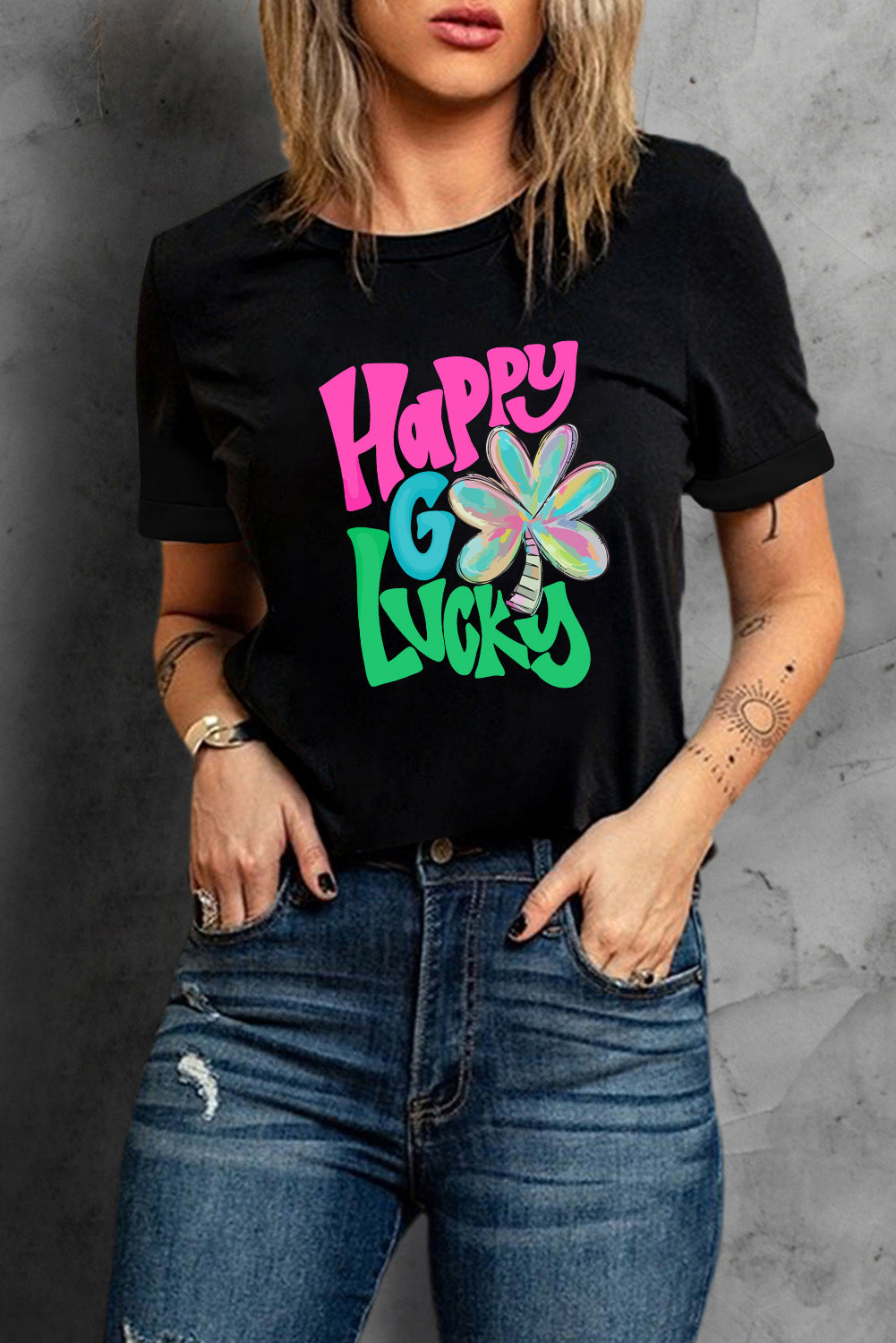Black Happy GO Lucky Clover Print Crew Neck T Shirt Graphic Tees JT's Designer Fashion
