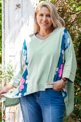 Green Plus Size Flower Patchwork High Low Top Plus Size Long Sleeve Tops JT's Designer Fashion