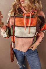 Orange Color Block Waffle Knit Drawstring Mock Neck Sweater Orange 60%Cotton+40%Acrylic Sweaters JT's Designer Fashion