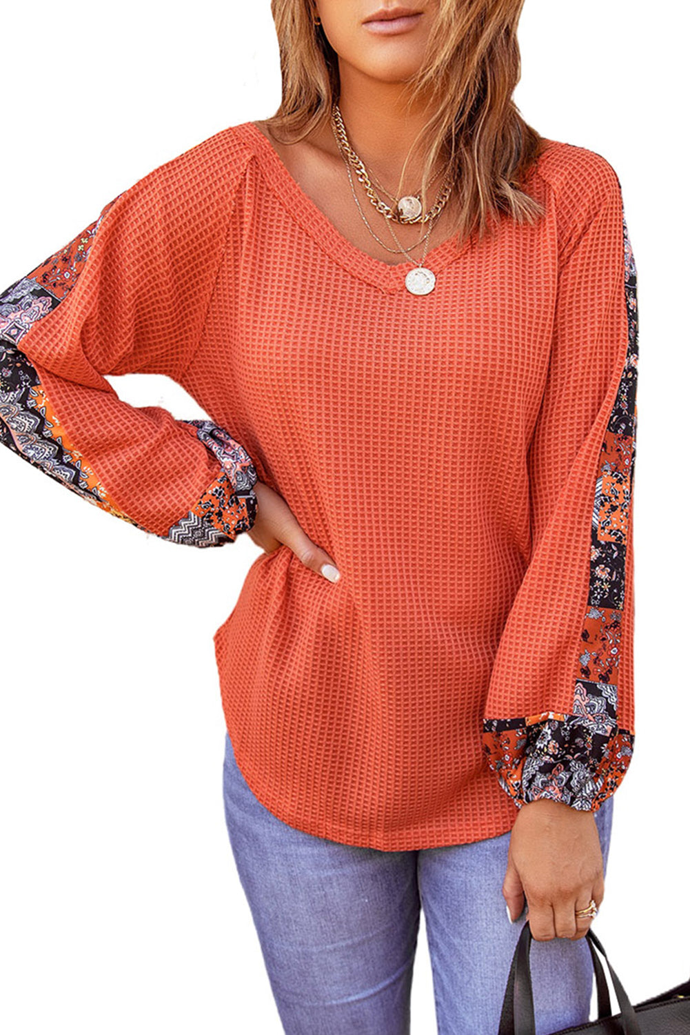 Orange Contrast Eyelet Thermal Knit Top Long Sleeve Tops JT's Designer Fashion