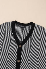 White Stripe Buttoned Front V Neck Herringbone Cardigan Cardigans JT's Designer Fashion