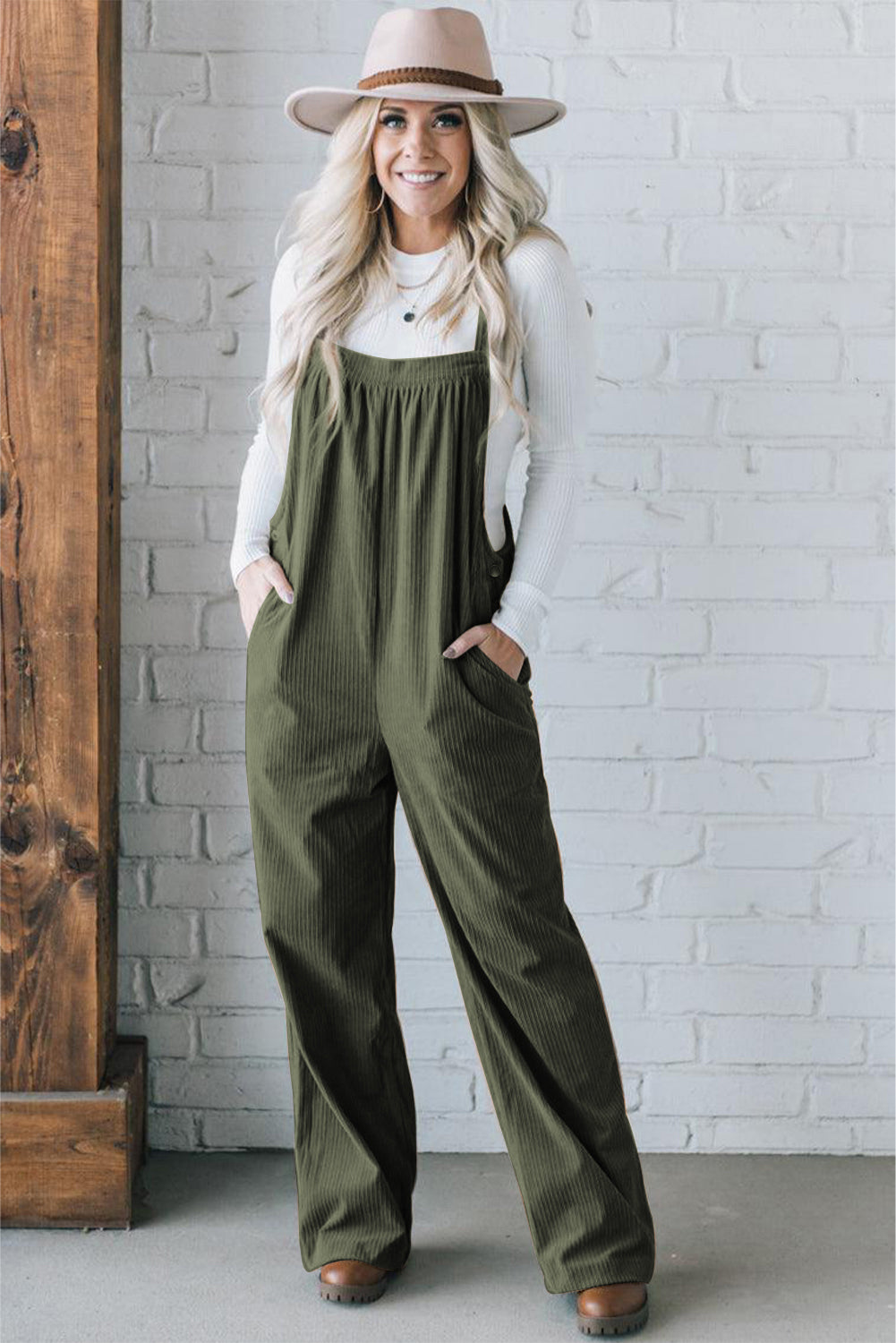 Jungle Green Solid Pocketed Loose Fit Corduroy Overall Jumpsuits & Rompers JT's Designer Fashion